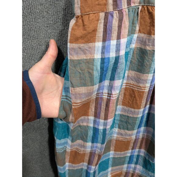 Bridge & Burn Wrap Dress Womens Small Linen Acadia Cap Sleeve Pockets Plaid - Picture 3 of 13